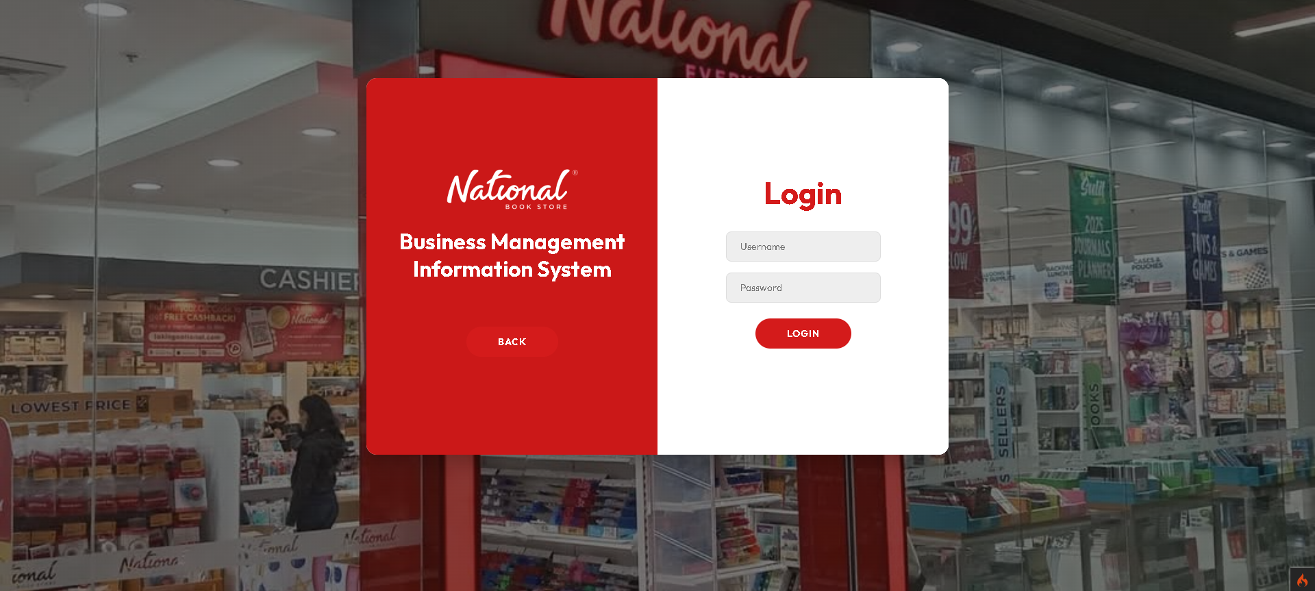 National Bookstore Branch Management Information System login screen