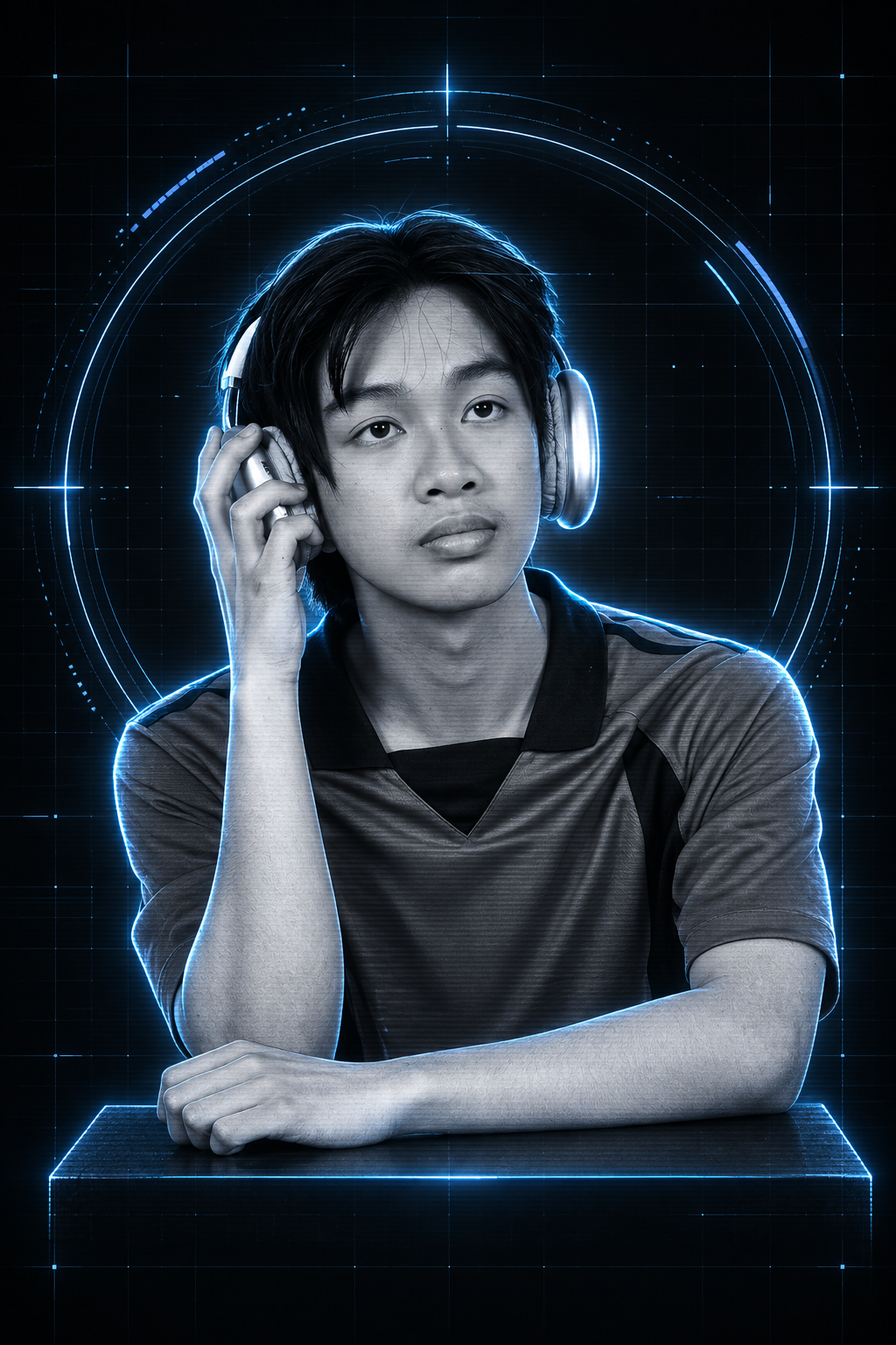 Julio Jose Padilla wearing headphones in a monochrome holographic portrait