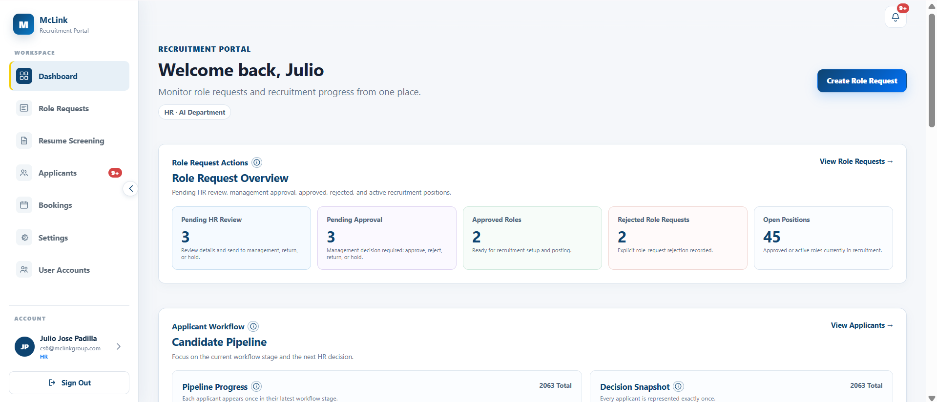 McLink recruitment portal dashboard